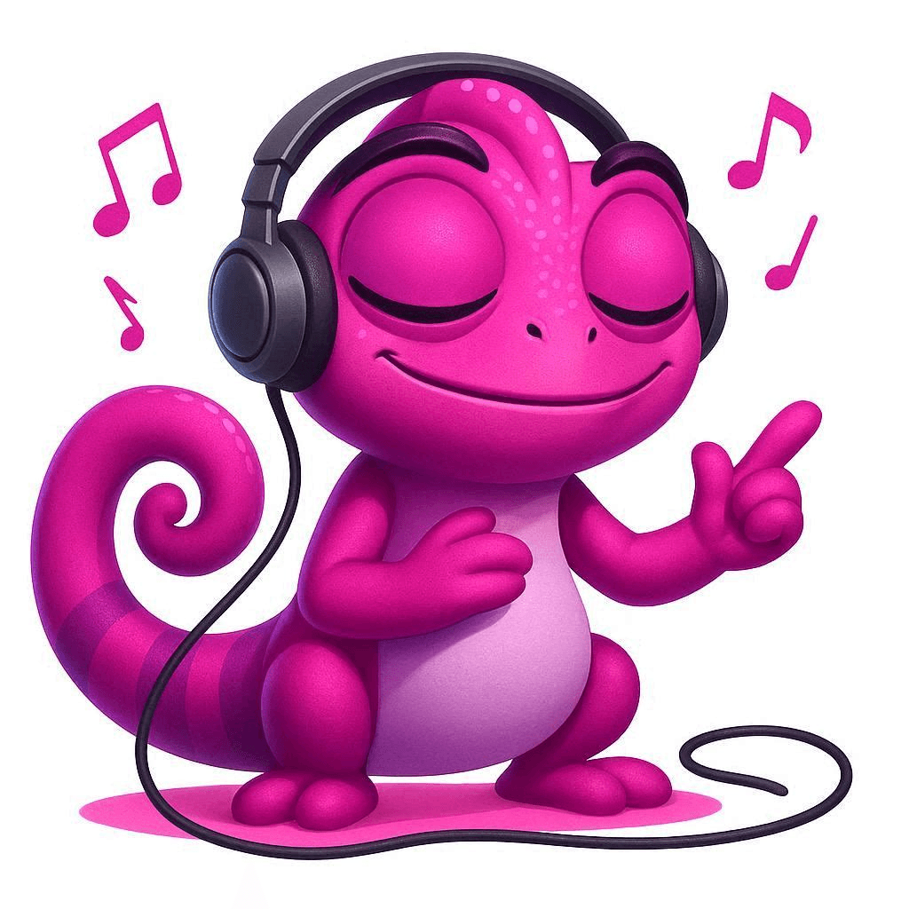 Cam the chameleon, listening with headphones, eyes closed and smiling