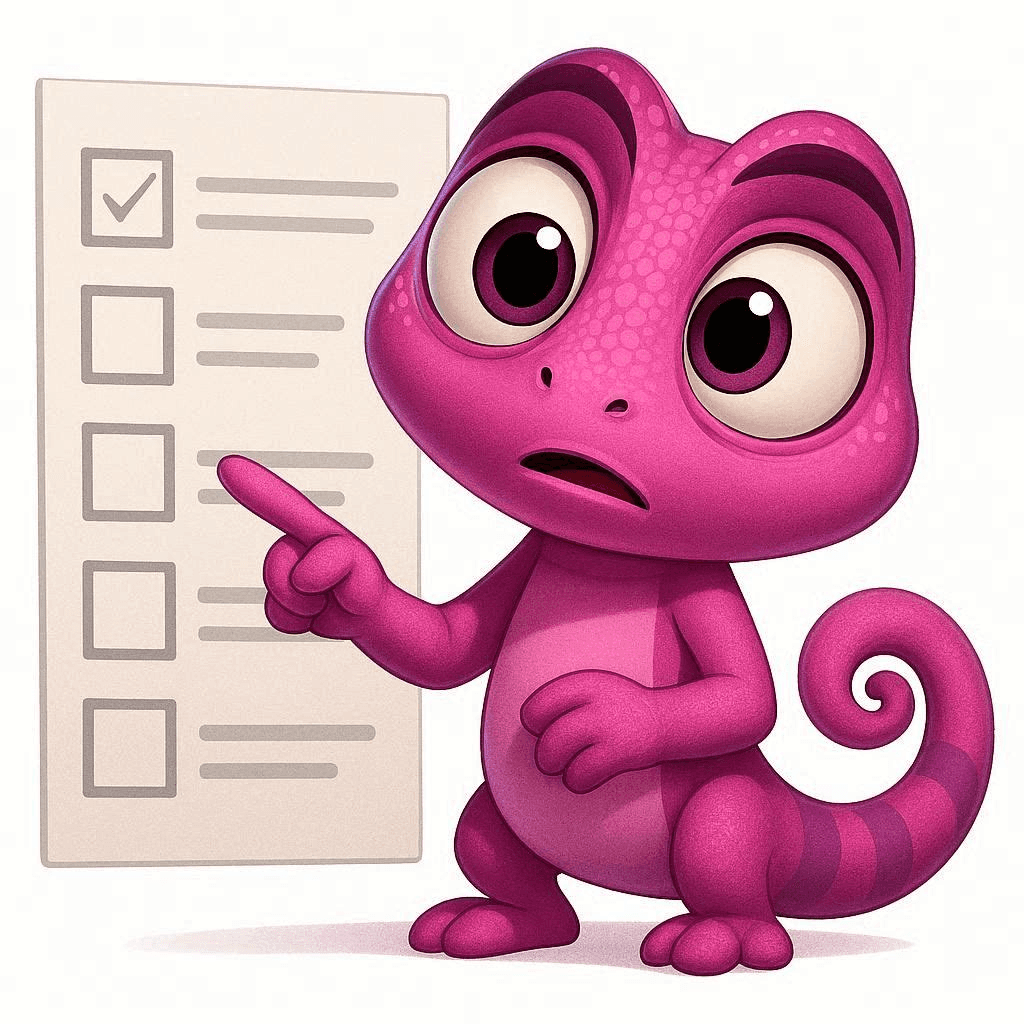 Cam the chameleon, pointing at a checklist