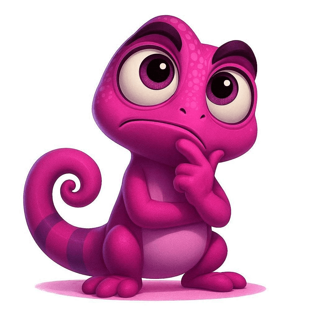 Cam the chameleon, thinking — chin tap, eyes looking up